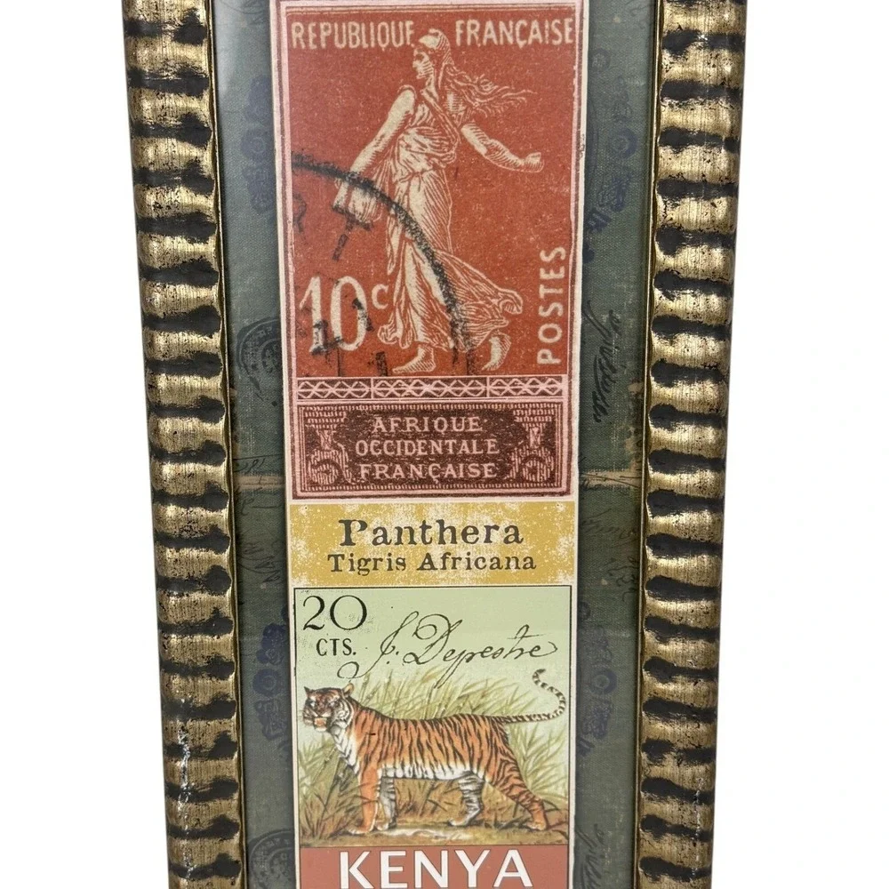 Vintage Tiger Stamp Collage Framed Art Safari Global World Travel Wall‎ Decor
